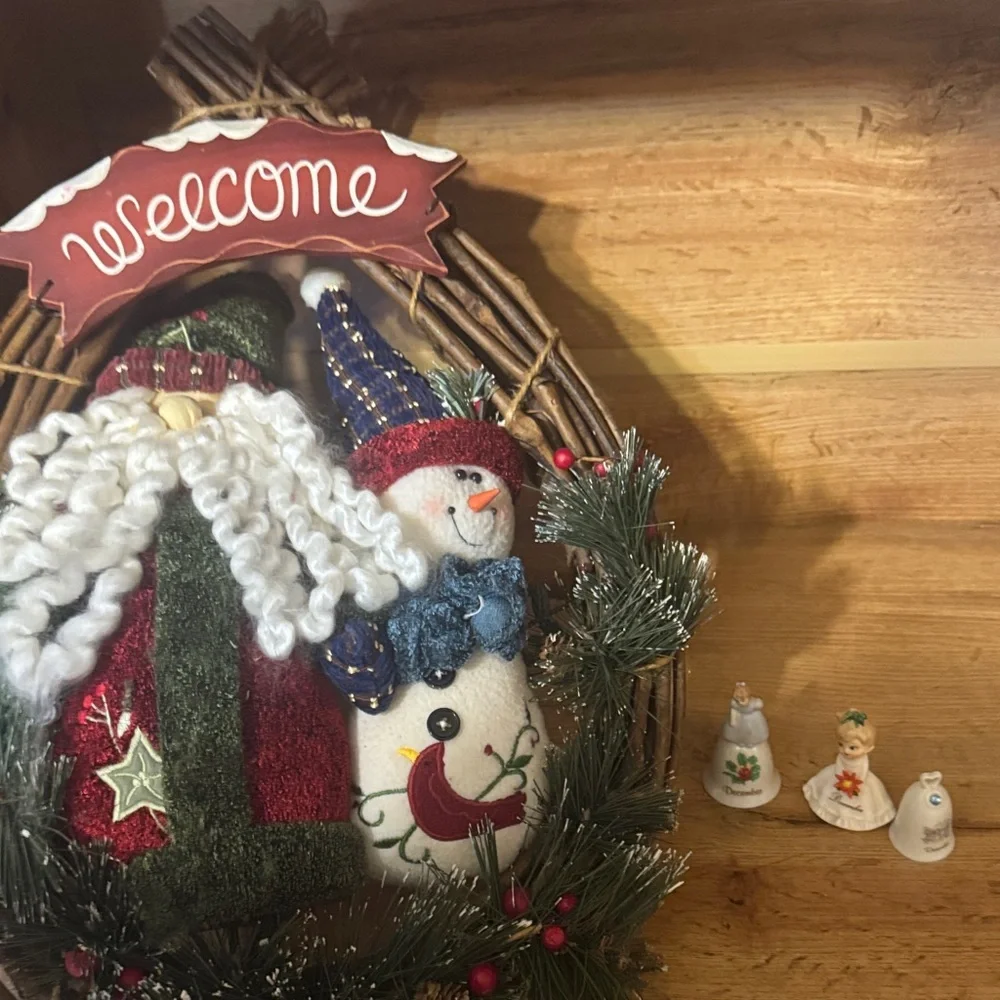 Festive Snowman Wreath with Welcome Sign and 3 December Bells